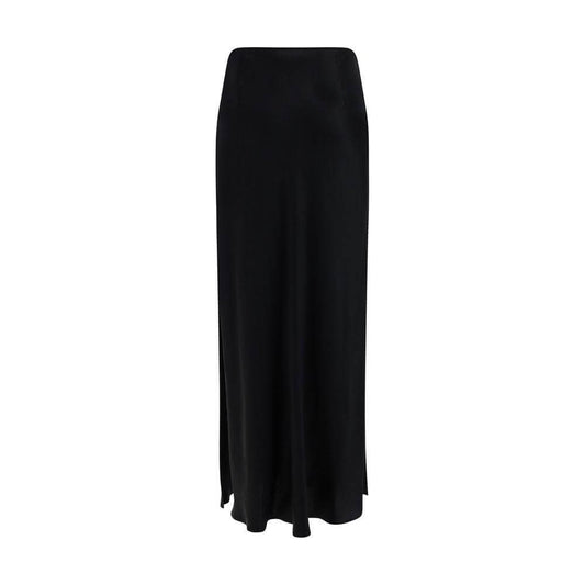 Black Ferragamo skirt with deep side slits, shiny satin finish, ankle length, and concealed side zipper closure.