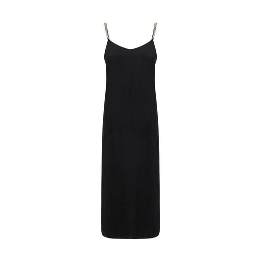 Lanvin summer dress with thin straps woven through gold chains, foot-length, soft neckline, and concealed side zipper.