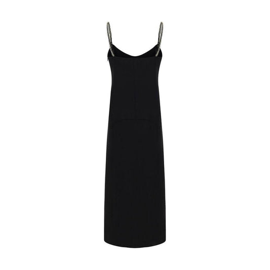 Lanvin summer dress with gold-plated chain straps, foot-length, soft neckline, sleek design, concealed side zipper closure.