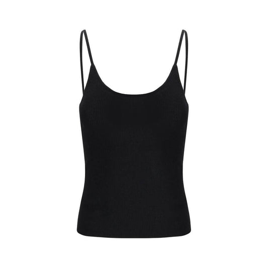 Chloé ribbed top with thin straps and logo plaque, featuring elegant monochrome wool design for a sophisticated modern look.
