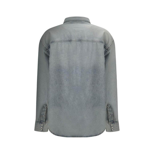 Back view of RE/DONE denim shirt with classic collar, visible snap-button closure, and adjustable cuffs for a stylish casual look.