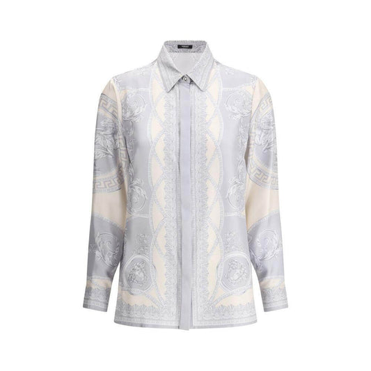 Alt Tag: Versace Barocco Silk Shirt with classic collar and opulent Barocco pattern, featuring gold details for a sophisticated look.