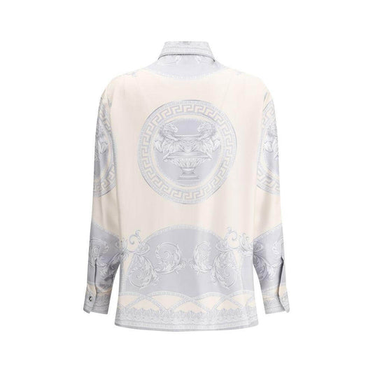 Back view of Versace Barocco Silk Shirt featuring iconic all-over printed Barocco pattern with opulent motifs and classic collar.