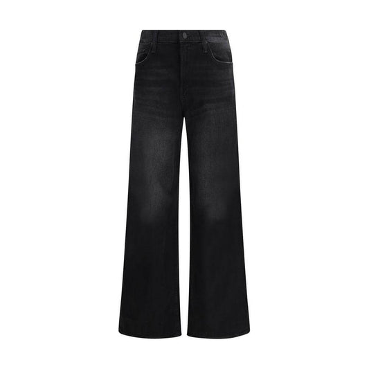 Mother Denim The Spinner Zip Sneak jeans in black, wide-leg cotton style with five pockets, button and zipper closure, adjustable waistband.