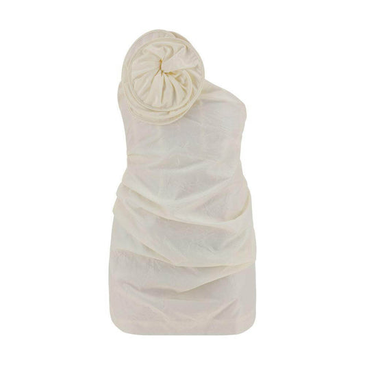 Magda Butrym Silk Mini Dress with asymmetrical off-shoulder design, ruched fabric, and maxi flower applique in front. Back zipper closure.
