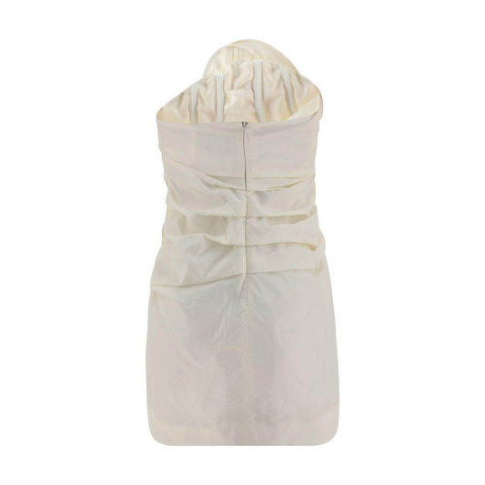 Rear view of Magda Butrym silk mini dress with ruched design and invisible zipper closure.
