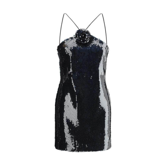 Magda Butrym sequin mini dress with sleeveless design, American-style closure, 3D rose detail, and all-over sequins.
