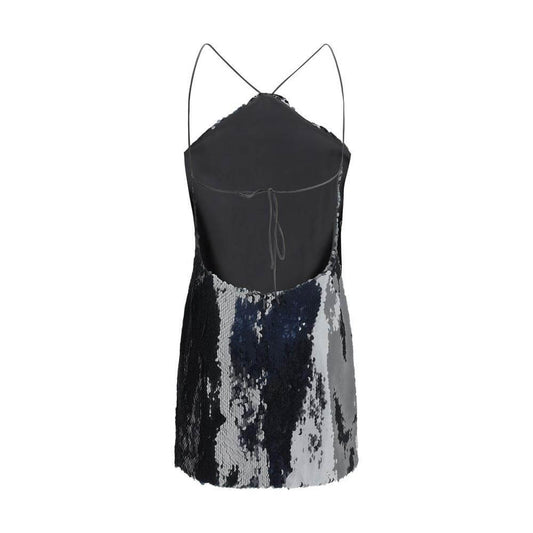 Back view of Magda Butrym sequin mini dress with laces and zipper closure, featuring a 3D rose and elegant sequin design.