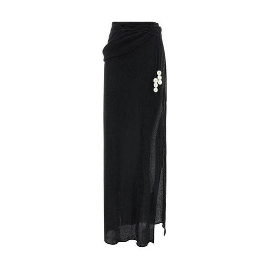 Magda Butrym black pareo long skirt with knotted waist and pearl detail, ankle-length, monochrome pattern.