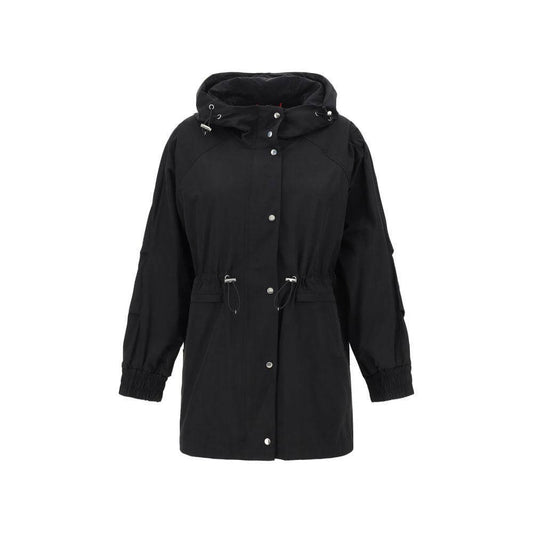 Black Paltò K-Way jacket with adjustable hood, elastic cuffs, front zipper, button closure, and drawstring waist.