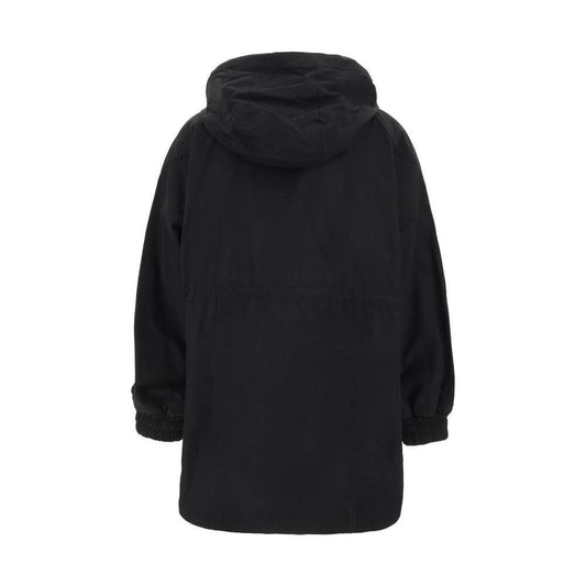 Back view of black Paltò K-Way jacket with hood, elastic cuffs, and drawstring-adjustable waist, showcasing its regular fit and monochrome design.