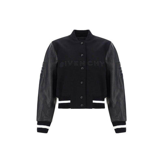 Givenchy College Jacket with leather sleeves, snap button closure, ribbed collar and cuffs, and embossed logo on the front.