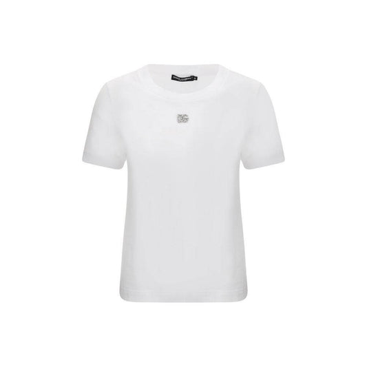 Dolce & Gabbana white cotton t-shirt with ribbed crew neck and jewel-embellished monogram plaque on front, regular fit.