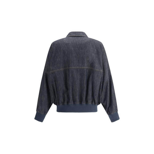 Back view of Brunello Cucinelli denim jacket with ribbed hem and cuffs, showcasing elegance and practicality.