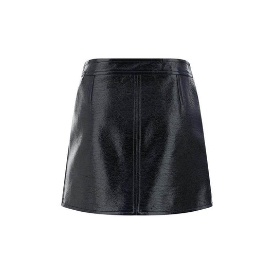 Courrèges coated cotton mini skirt with button and zipper closure, featuring iconic logo applique on front panel.