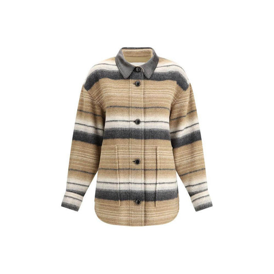 Marant Etoile Dayvi-ga wool jacket with leather collar, button front, striped pattern, and patch pockets.