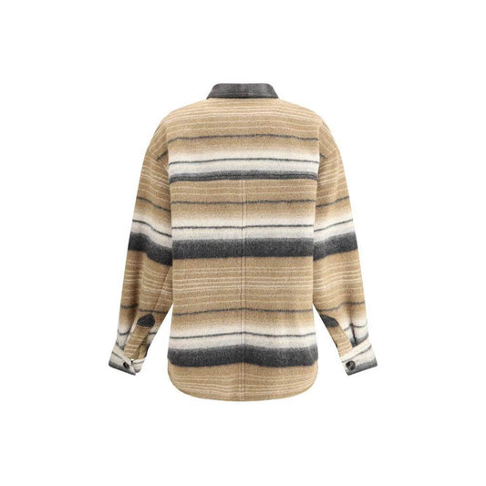 Back view of Marant Etoile Dayvi-ga wool jacket with striped pattern and leather collar, featuring front button closure and patch pockets.