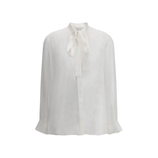 Dolce & Gabbana silk chiffon shirt with knotted bow scarf, semi-transparent design, elegant for special occasions, front button closure.