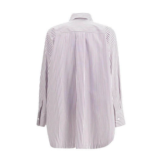 Back view of The Attico's asymmetrical striped cotton shirt with wide oversized bell sleeves and a modern design.