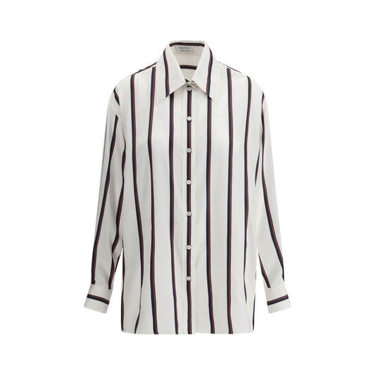 Alexander McQueen silk striped shirt with classic collar and button closure, offering luxurious elegance and modern style.