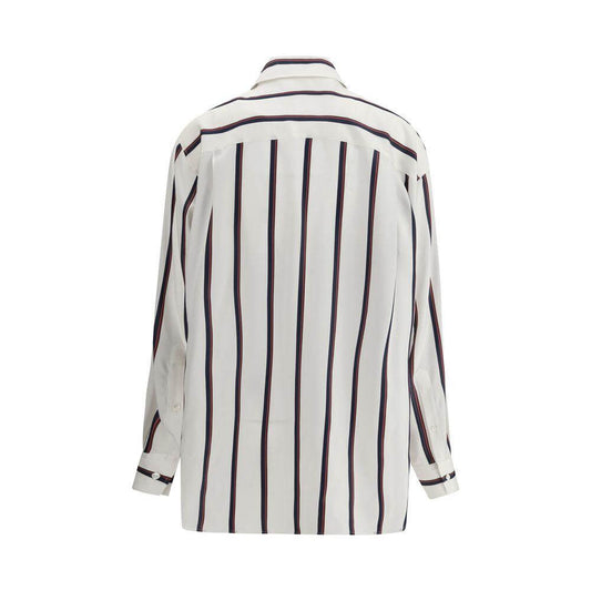 Alexander McQueen silk striped shirt with classic collar and button closure, featuring an elegant striped pattern for a modern look.