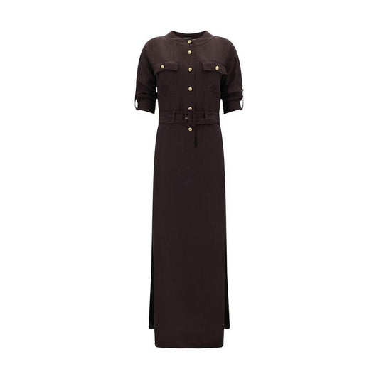 Tom Ford long dress with button closure, removable belt, adjustable sleeves, pockets, and vertical pattern in black.