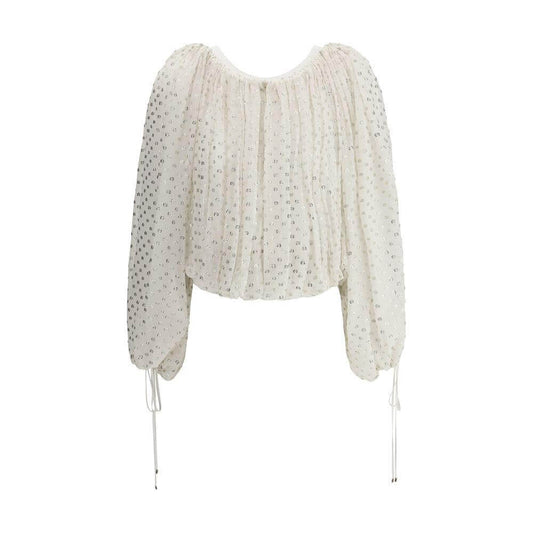 Chloé Off-Shoulder Shirt with Square Neckline, Balloon Sleeves, and Shimmering Polka Dot Embroidery, Perfect for Summer or Evening Wear