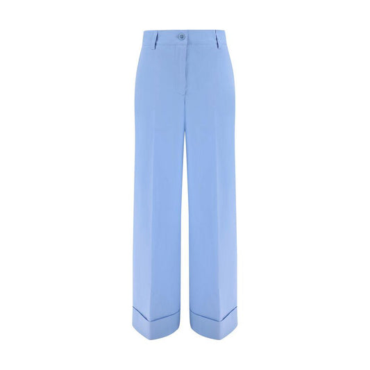 P.A.R.O.S.H. blue cotton pants with front button and zipper, side slash pockets, welt back pockets, turned-up hem, and waistband loops.