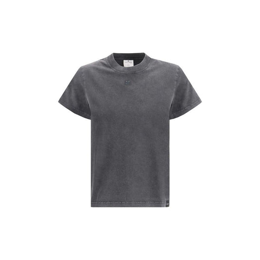 Courrèges cotton T-shirt with ribbed crew neck, monochrome, embroidered logo, regular fit, front view.