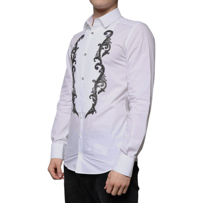 Dolce & Gabbana White Slim Fit Baroque GOLD Men Dress Shirt