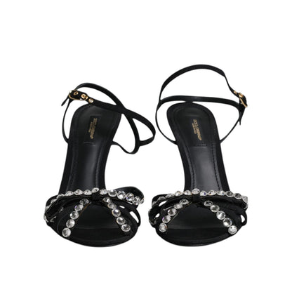Dolce & Gabbana Black Leather Crystal Bow KEIRA Sandals Shoes
