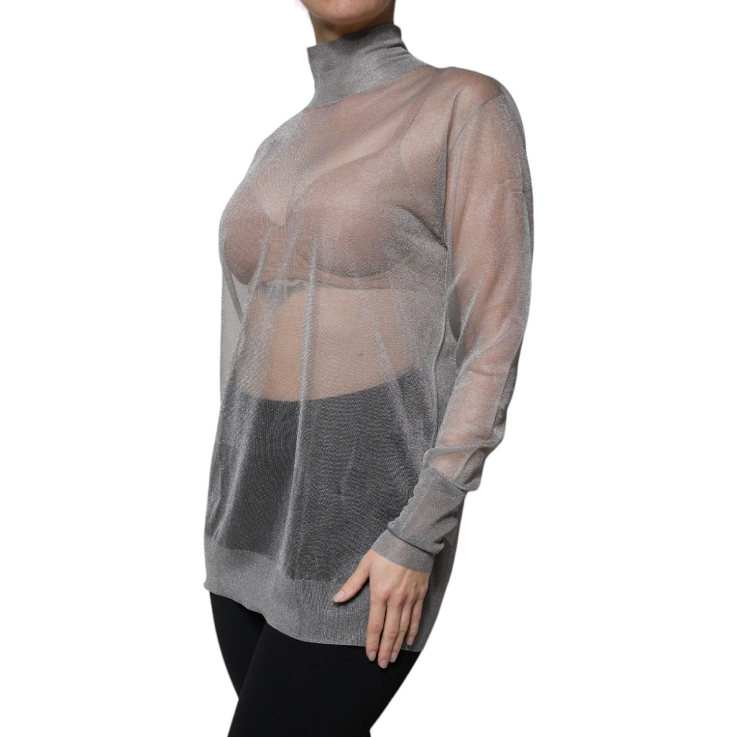 Dolce & Gabbana Grey Mesh Turtleneck Long Sleeve Blouse Top