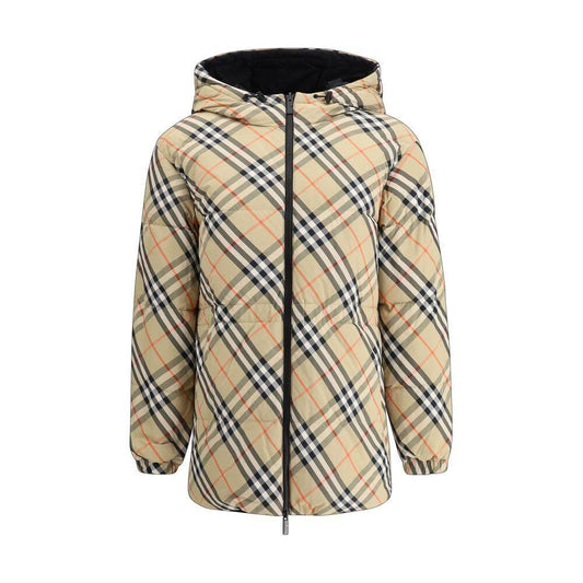 Burberry reversible down jacket with hood featuring iconic plaid design, zippered front, and adjustable features for style and warmth.