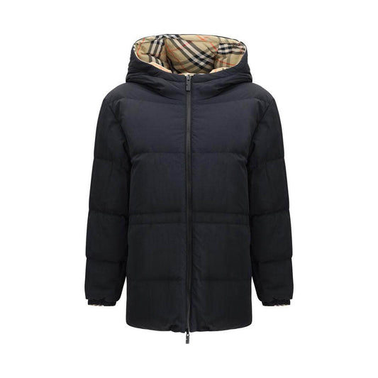 Burberry reversible down jacket with adjustable hood, double-slider front zipper, and zippered welt pockets shown in black.