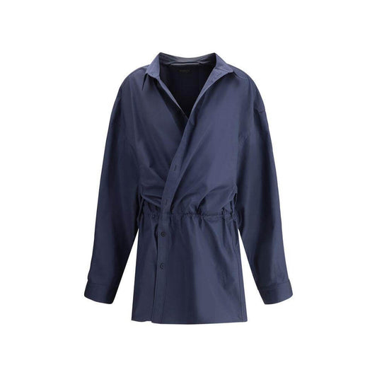 Balenciaga chemisier mini dress with classic collar and asymmetrical button closure, featuring an elasticated drawstring waistband.