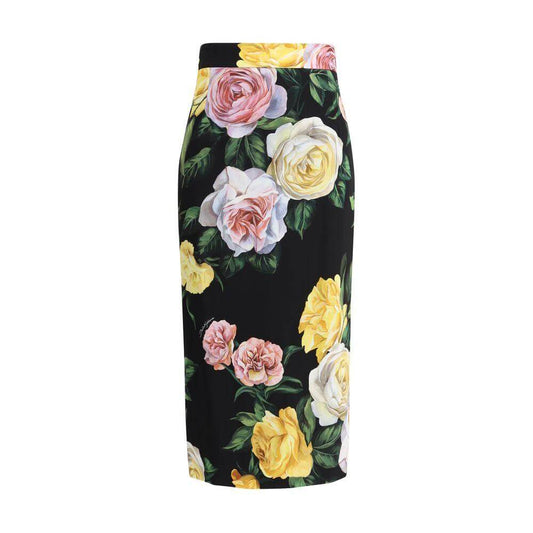 Dolce & Gabbana midi skirt with rose and peony pattern, elegant silk design, back zipper, romantic and timeless floral appeal.