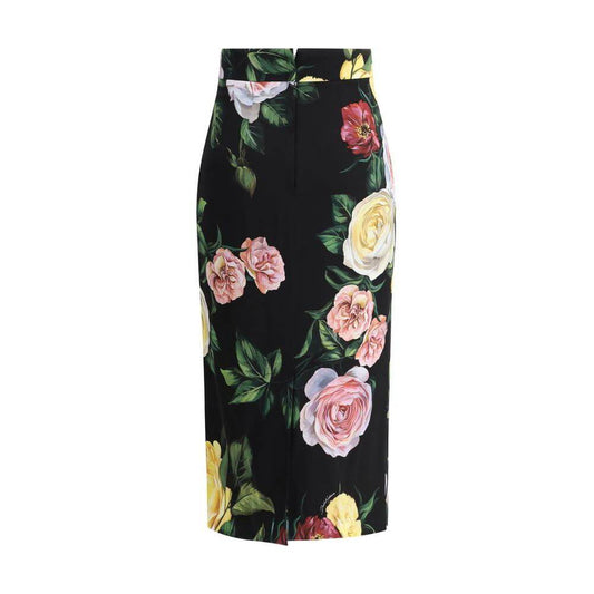 Dolce & Gabbana skirt with rose and peony pattern, featuring a back zipper, hook-and-eye closure, and stretch silk lining for comfort.