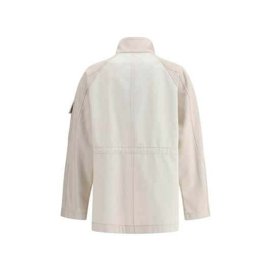 Back view of Fendi denim bomber jacket in cream, featuring a high collar and four patch pockets, blending comfort and urban elegance.
