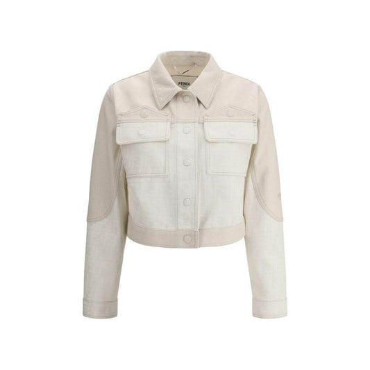 Fendi FF print denim jacket with classic collar and front patch flap pockets, featuring iconic logo design for a stylish street style look.