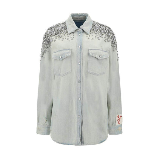 Golden Goose cotton boyfriend shirt with pearl snaps and beaded appliqués on shoulders, featuring front patch pockets and adjustable cuffs.