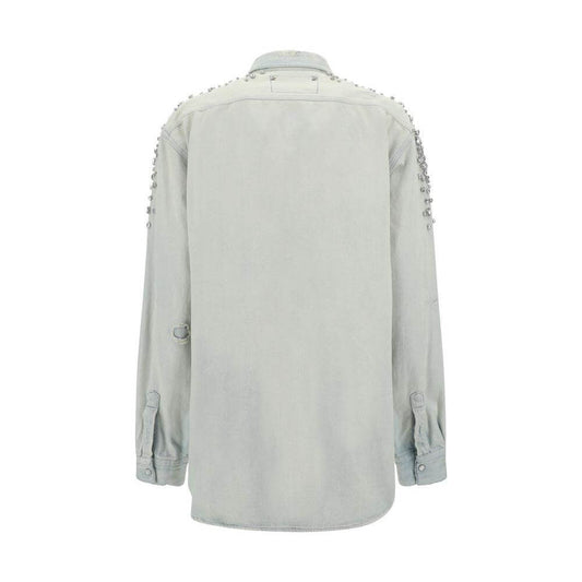 Back view of Golden Goose Boyfriend Shirt with pearl snaps and beaded appliqués on shoulders.