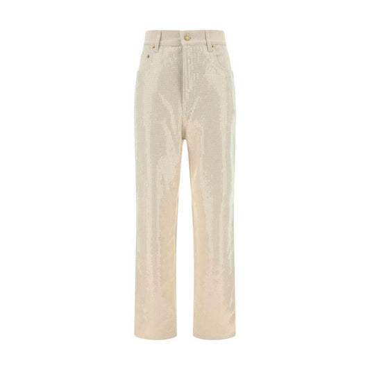 Golden Goose denim pants with sequins, cotton five-pocket straight style, featuring front button closure and waistband loops.