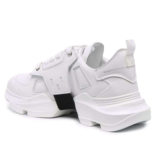 Les Hommes white calfskin men's sneaker with black nylon band, showcasing modern Italian craftsmanship and luxury design.