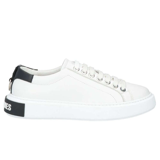 Les Hommes white calfskin men's sneaker with silver logo, black heel counter, decorative metal ring, and white rubber sole.