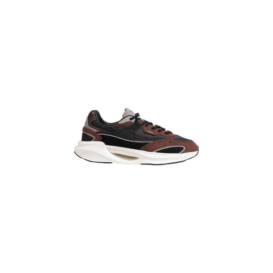 Brown and black sneaker with white sole, designed for men's fall/winter collection, made from 100% fabric, side view.