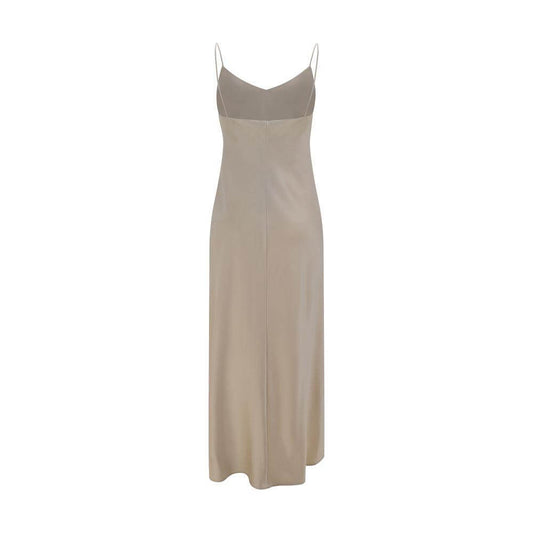 Elegant F.IT foot-length dress with thin straps, soft V-neck, slim fit, monochrome design suitable for formal occasions.