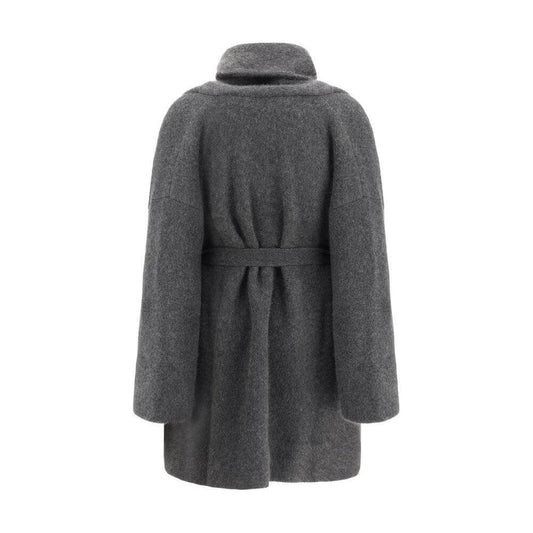 Back view of The Row Ija Coat with shawl lapels and knotted sash, featuring a regular fit in soft gray fabric.