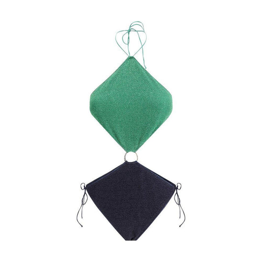 Oséree Lumiere Diamond Swimsuit, two-tone with adjustable hips and ring detail, geometric top emphasizing elegance and originality.