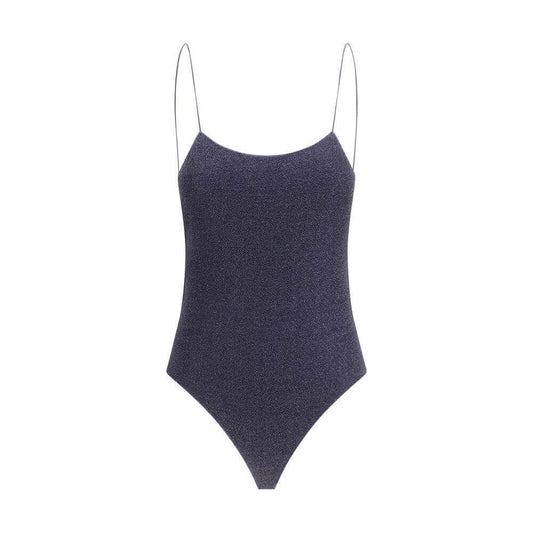 Oséree Lumiere Maillot Swimsuit, one-piece design with glitter, thin straps, open back, monochrome pattern with sparkly finish.