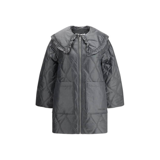 Ganni oversize quilted jacket with wide collar, front zipper, and maxi patch pockets featuring brand monogram detail.